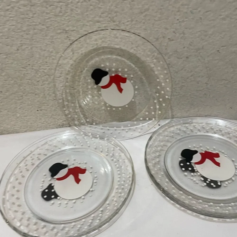 Set of 6 VGC ARCOROC made in France Glass Snowman Salad Dessert Plate 8” G19